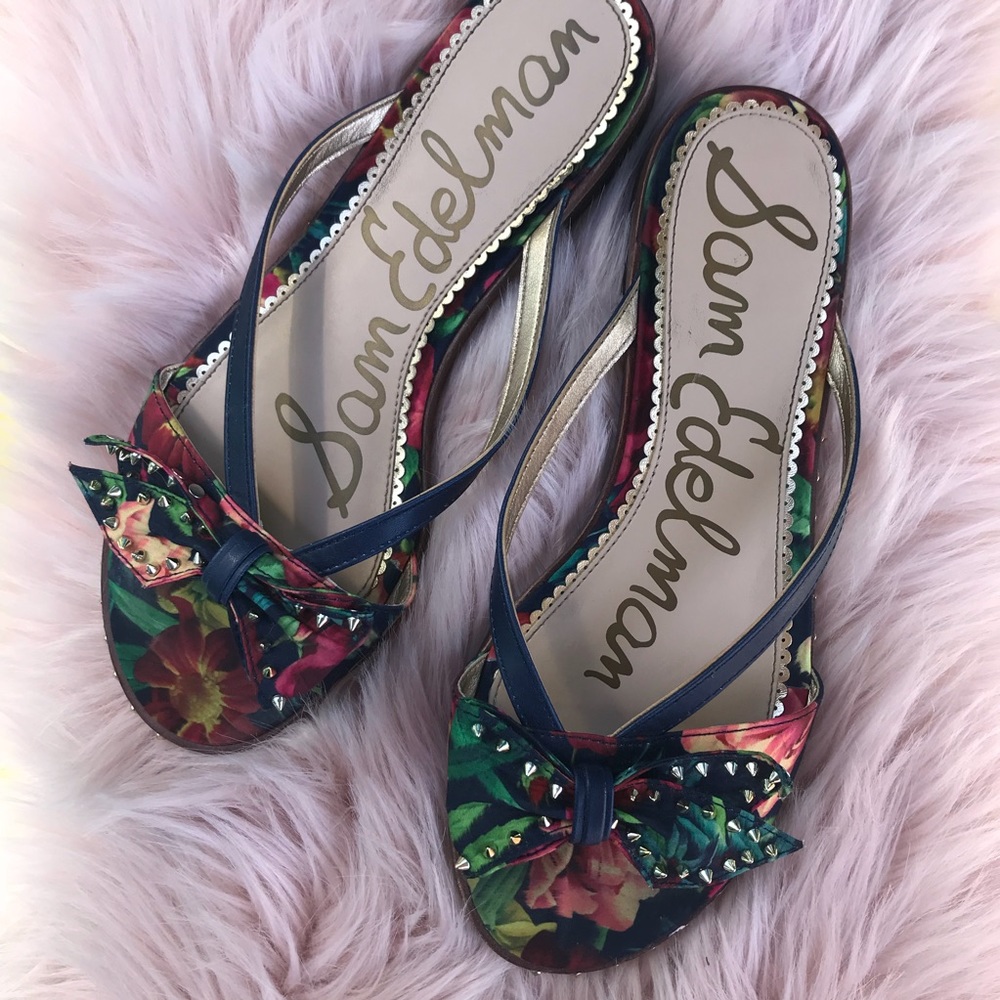 Sam Edelman ‘Rockstud’ Bow Floral Flat Sandals